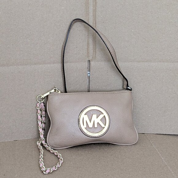 Michael Kors Fulton Leather Wristlet Mini Clutch BIG MK Shiny GOLD LOGO Brown . - Picture 1 of 10